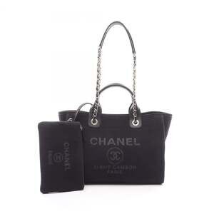 CHANEL Deauville MM Shoulder Bag, Leather and Fabric, Women's, Black